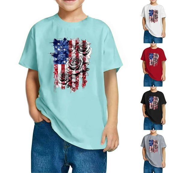 CFLVAEK Kids 4th of July Shirts Boys Girls Novelty American Flag Patriotic Tshirts Crewneck Short Sleeve Cotton T Shirts for Indenpendence Day 9 Years