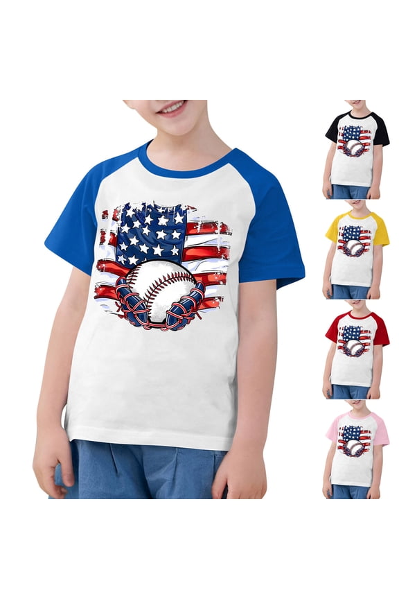 Kids 4th of July Shirts Girls Boys Raglan Short Sleeve Tshirt American Flag Baseball Graphic Tees Casual Crewneck Tshirts 4 Years