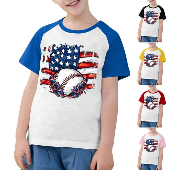CFLVAEK Kids 4th of July Shirts Girls Boys Raglan Short Sleeve Tshirt American Flag Baseball Graphic Tees Casual Crewneck Tshirts 5 Years