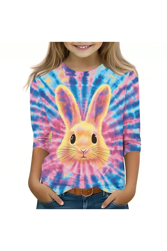 Kids Easter Shirts Cute Tie Dye Easter Bunny Graphic Tees Casual 3/4 Sleeve Crewneck Holiday T Shirts Easter Gifts Tops for Girls Multicolor 7 Years