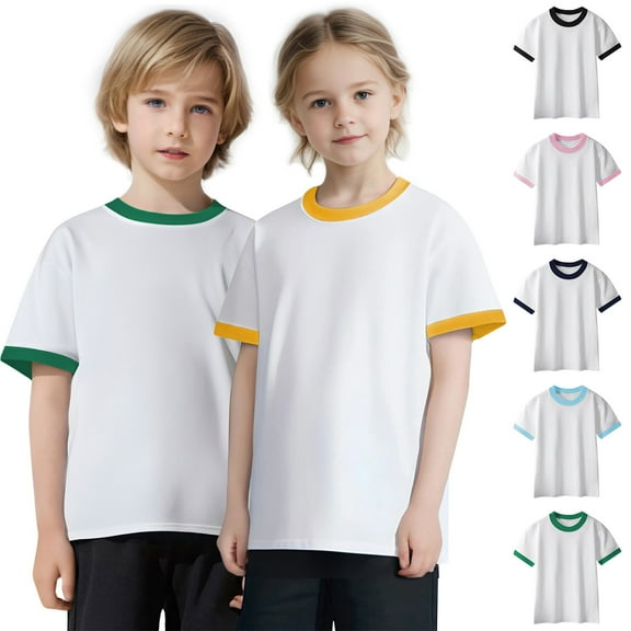 CFLVAEK Kids Girls Boys T Shirts Comfy Breathable Short Sleeve Cotton T Shirt Loose Fit Round Neck Tshirts Color Block Graphic Tees Navy Size 6 Years