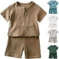 thumbnail image 1 of CFLVAEK Kids Outfit Sets for Girls Boys Cotton Linen Short Sleeve Tops and Elastic Waist Shorts Sets 2 Piece Plain Color Outfit Set Size 100, 1 of 9