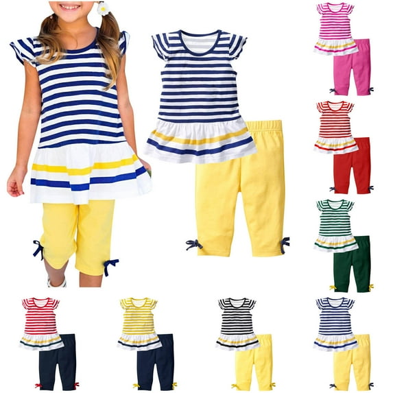 CFLVAEK Kids Outfit Sets for Girls Cute Ruffle Cap Sleeve Tops and Elastic Waist Crop Pants 2 Piece Summer Striped Print Outfits Size 5 Years