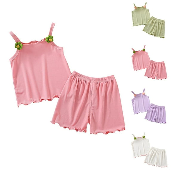 CFLVAEK Kids Outfits Girls 2 Piece Summer Ice Silk Outfit Sets Cute Strap Tank Tops and Elastic Waist Shorts Solid Color Wave Hem Clothes Size 1 Years