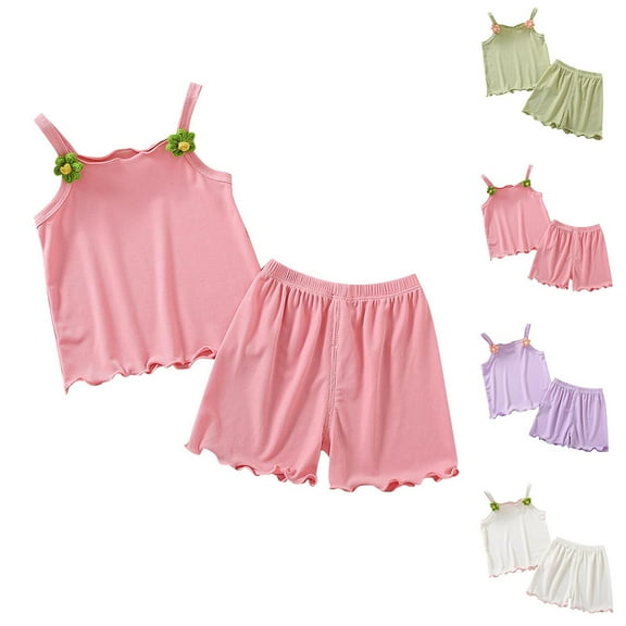 CFLVAEK Kids Outfits Girls 2 Piece Summer Ice Silk Outfit Sets Cute Strap Tank Tops and Elastic Waist Shorts Solid Color Wave Hem Clothes Size 1 Years