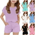 thumbnail image 1 of CFLVAEK Kids Outfits Girls Summer Casual Short Sleeve Tshirts and Elastic Waisted Shorts with Pockets 2 Piece Solid Color Clothing Size 5 Years, 1 of 9