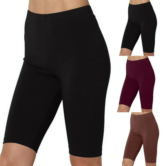 CFLVAEK Knee Length Biker Shorts Women Stretch High Waisted Tummy Control Biker Shorts Solid Color Running Workout Shorts Wine S