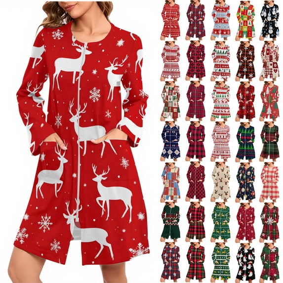 CFLVAEK Knee Length Robes for Women Loose Fit Full Zip Up Sleepwear Comfy Long Sleeve Xmas Nightgown Snowflakes Print Bath Robe with Pockets XL