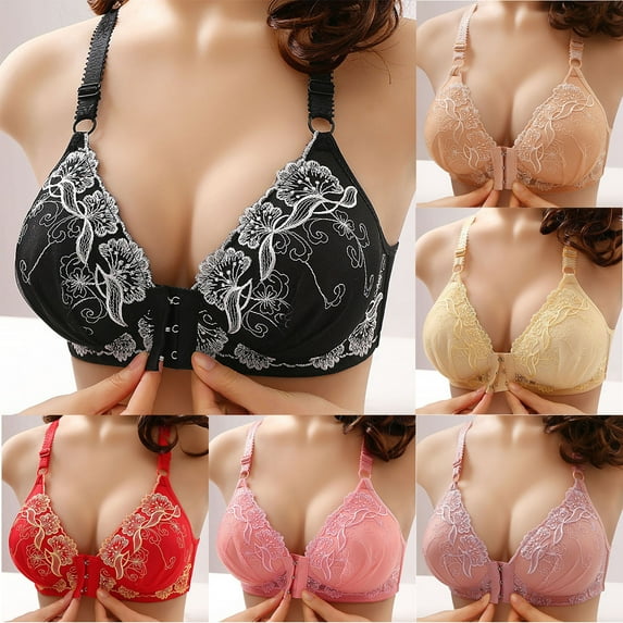 CFLVAEK Lace Bras for Women Comfort Front Closure Everyday Bras Breathable No Underwire Push Up Bras Comfy Adjustable Strape Bralettes Beige XL 42/95