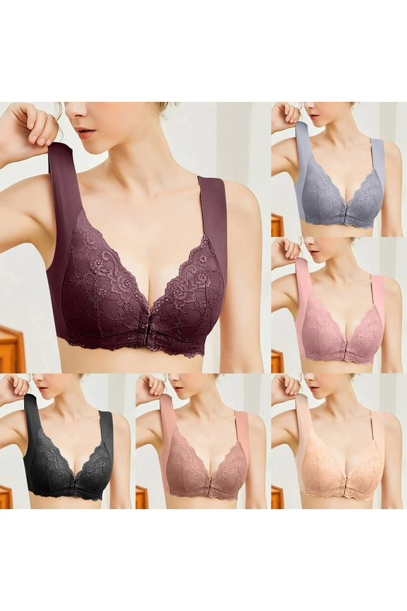 Lace Bras for Women Front Closure Push Up Everyday Bra Plus Size Full Coverage Senior Womens Bras Breathable No Underwire Bra Black XXXXL