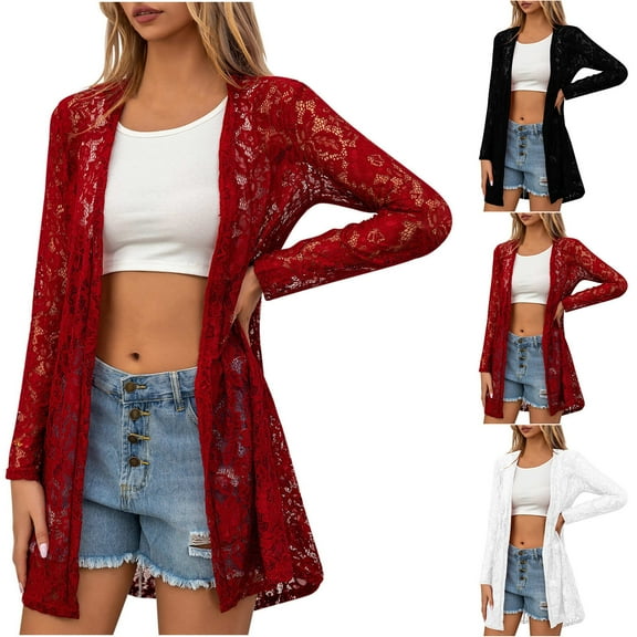 CFLVAEK Lace Cardigan for Women Dressy Casual Crochet Cardigan Sweaters Lightweight Open Front Long Sleeve Cardigans Red M