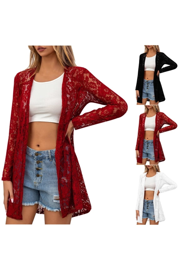 Lace Cardigan for Women Dressy Casual Crochet Cardigan Sweaters Lightweight Open Front Long Sleeve Cardigans White L