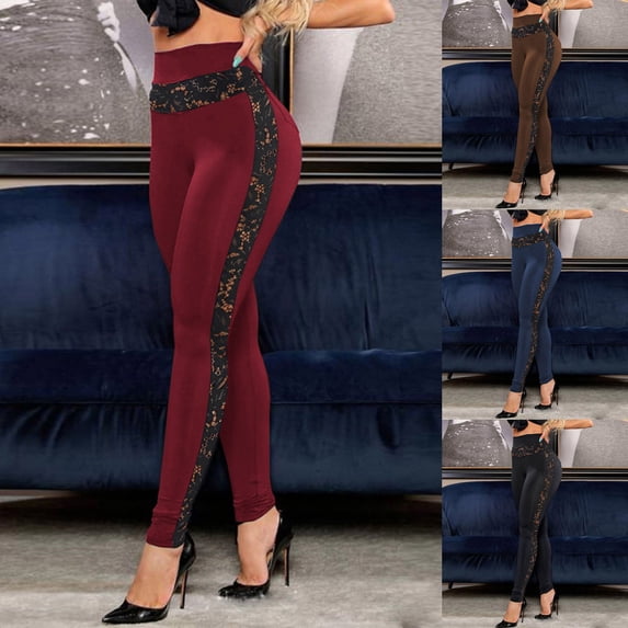 CFLVAEK Lace Patchwork Yoga Pants for Women Plus Size High Waisted Workout Leggings Comfy Tummy Control Summer Running Leggings Pant 2025 Wine S