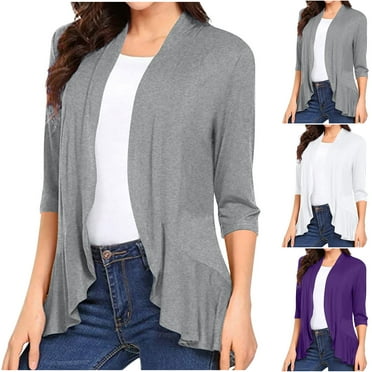 CFLVAEK Lightweight Cardigans for Women 3/4 Sleeve Cardigan Casual Fall Open Front Ruffle Cardigans for Dress Gray XL