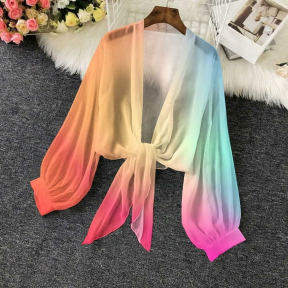 CFLVAEK Lightweight Short Bolero Cardigan Shrug for Women Sheer Tie Front Top Trendy Gradient Print Long Sleeve Cardigans Multicolor XL