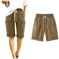 thumbnail image 1 of CFLVAEK Linen Bermuda Shorts for Women Knee Length Drawstring High Waisted Shorts with Multi Pockets Solid Color Wide Leg Shorts Khaki XXL, 1 of 9
