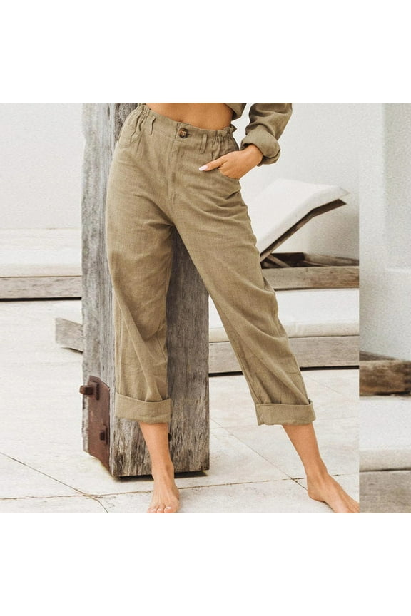 Linen Capri Pants Women with Pockets Moisture Wicking High Waisted Pedal Pushers Stright Wide Leg Cropped Trousers Loose Fit Solid Fall Lounge Pants