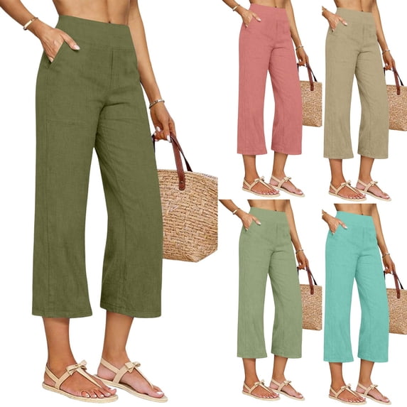 CFLVAEK Linen Capri Pants for Women Straight Leg Beach Vacation Capris Summer Casual High Waist Cropped Pant with Pockets Khaki L