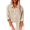 thumbnail image 1 of Cyber And Monday Deals CFLVAEK Linen Cotton Tops Women with 2 Pocket Dressy Collared Button Down Work Shirt Lightweight 3/4 Sleeve Plain Color Blouses for Office, Beige, 2XL, 1 of 8