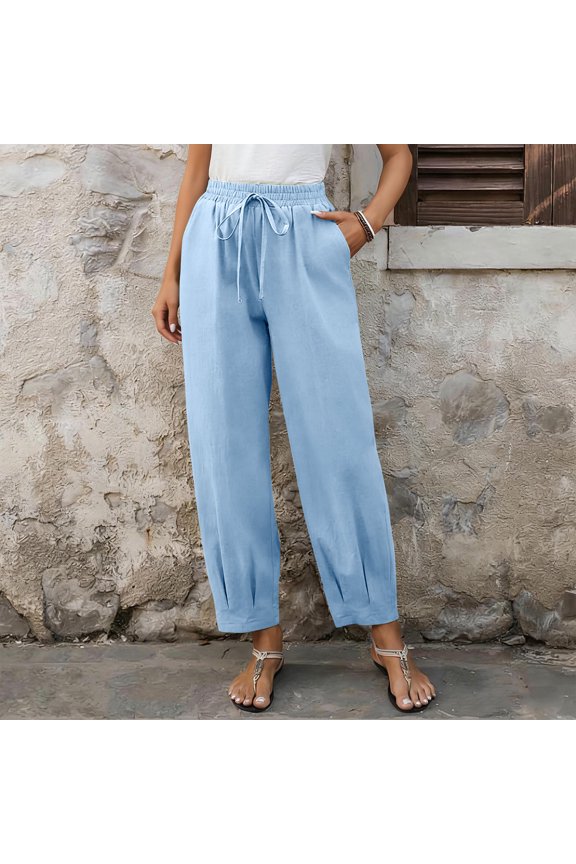 Linen Pants for Women Plus Size Wide Leg Pleated Pant Casual Summer Drawstring High Waisted Trousers with Pockets Light Blue XXL