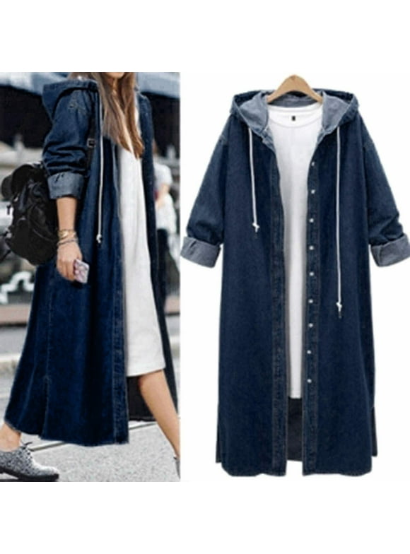 Long Denim Jackets for Women Plus Size Button Down Jean Jacket with Hood Fall Winter Long Sleeve Coat Outwear Blue XXXXL
