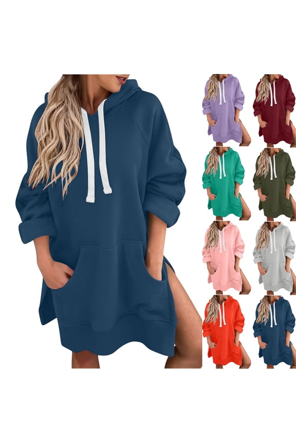 Long Hoodie Dress for Women Plus Size Side Split Hoodie Fall Winter Long Sleeve Sweatshirt Pullover Tops with Pockets Wine XL