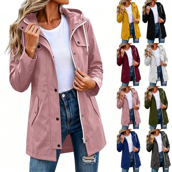 CFLVAEK Long Rain Jacket for Women Waterproof Lightweight Hooded Raincoat Plus Size Outdoor Hiking Travel Trench Coat with Pockets Blue L