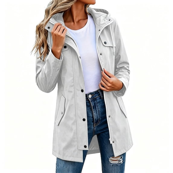 CFLVAEK Long Rain Jacket for Women Waterproof Lightweight Hooded Raincoat Plus Size Outdoor Hiking Travel Trench Coat with Pockets White XL
