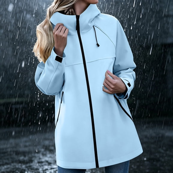 CFLVAEK Long Rain Jackets for Women Lightweight Waterproof Hooded Windbreaker Solid Color Outdoor Hiking Raincoat with Zipper Pockets Blue S