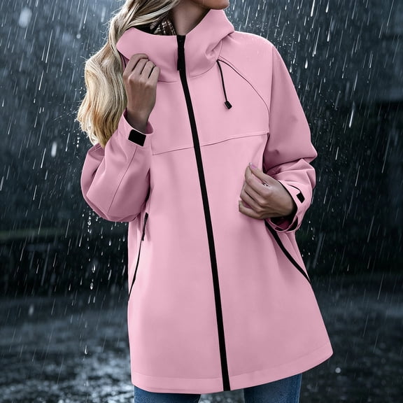 CFLVAEK Long Rain Jackets for Women Lightweight Waterproof Hooded Windbreaker Solid Color Outdoor Hiking Raincoat with Zipper Pockets Pink S