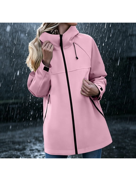 Long Rain Jackets for Women Lightweight Waterproof Hooded Windbreaker Solid Color Outdoor Hiking Raincoat with Zipper Pockets Pink S