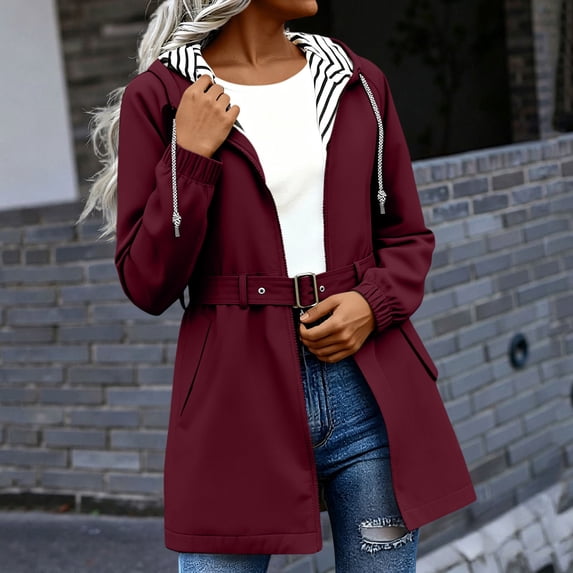 CFLVAEK Long Rain Jackets for Women Striped Lined Lightweight Hooded Trench Coat Waterproof Outdoor Hiking Windbreaker with Hood Wine M