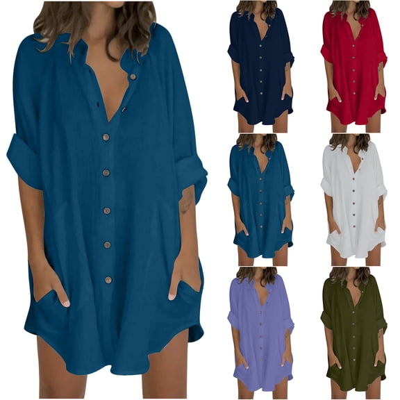 CFLVAEK Long Shirts for Women Cotton Linen Button Down Shirt Casual 3/4 Sleeve Blouses Solid Color Collared Summer Fall Going Out Tops 2025 Purple XXL