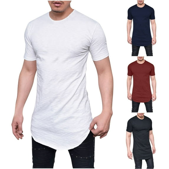 CFLVAEK Long Shirts for Men Big and Tall Short Sleeve Shirt Slim Fitted Round Neck Tops Casual Summer Solid Color T Shirts White XXXL