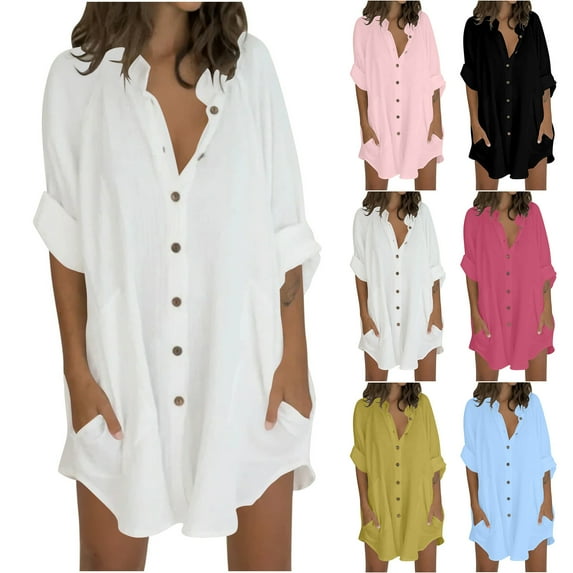 CFLVAEK Long Shirts for Women Cotton Linen Button Down Shirt Casual 3/4 Sleeve Blouses Solid Color Collared Summer Fall Going Out Tops Black L