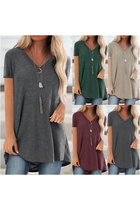 Long Tshirts for Women Plus Size V Neck Summer Tshirt Casual Short Sleeve T Shirt Solid Color Classic Fit Tees 2025 Black XL