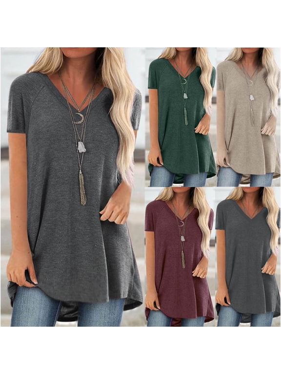 Long Tshirts for Women Plus Size V Neck Summer Tshirt Casual Short Sleeve T Shirt Solid Color Classic Fit Tees 2025 Gray XXL