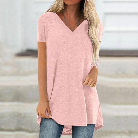 CFLVAEK Long Tshirts for Women Plus Size V Neck Summer Tshirt Casual Short Sleeve T Shirt Solid Color Classic Fit Tees 2025 On Hot Sale Pink L