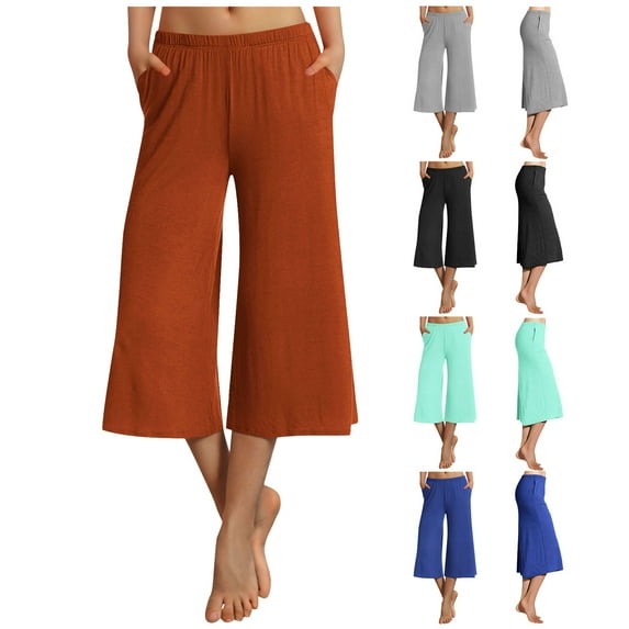 CFLVAEK Loose Fit Capris for Women Casual Wide Leg Summer Capri Pants Comfy Elastic Waist Pants with Pockets Solid Color Lounge Pants Blue XXL