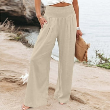 CFLVAEK Lounge Pants Women Tall Elastic High Waist Wide Leg Pant Baggy Solid Beach Trousers Soft Full Length Summer Cotton Linen Pants XL Khaki
