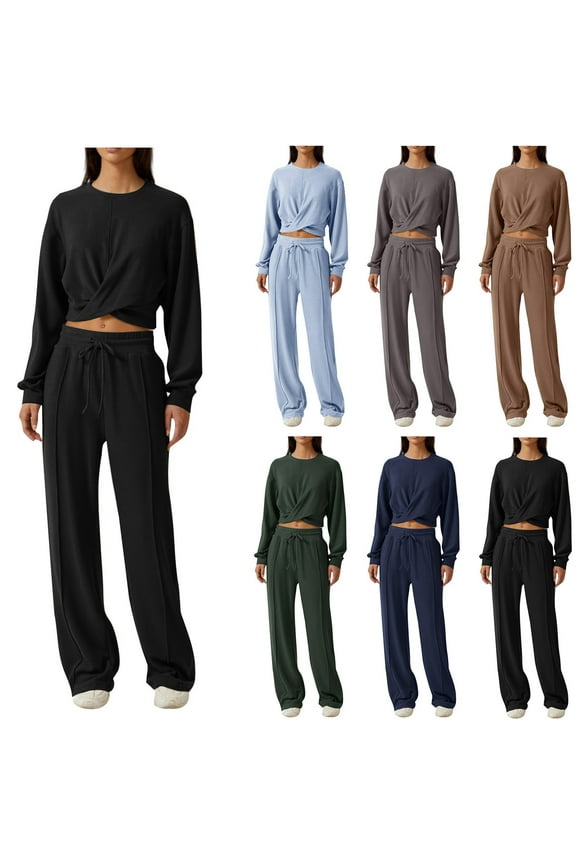 Lounge Sets for Women 2pcs Twist Front Long Sleeve Crop Tops Loose Fit Wide Leg Sweatpants Casual Tracksuits with Pockets Light Blue M