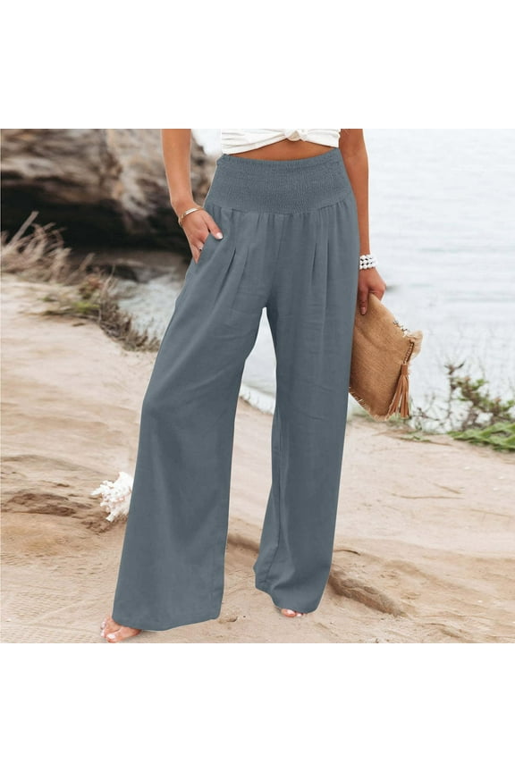 Lounge Trousers Petite Women Wide Leg with Drawstring Elastic High Rise Tummy Control Pants Baggy Solid Beach Trousers Comfy Full Length Pull On Culottes Gray S