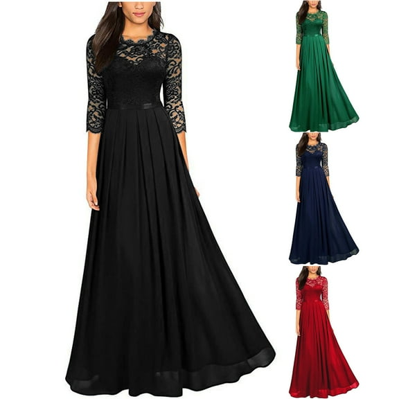 CFLVAEK Maxi Dresses for Women Elegant Lace Half Sleeve Wedding Guest Dress Comfy Crewneck Empire Dress Solid Color Flowy Swing Gown Dress Black XXL