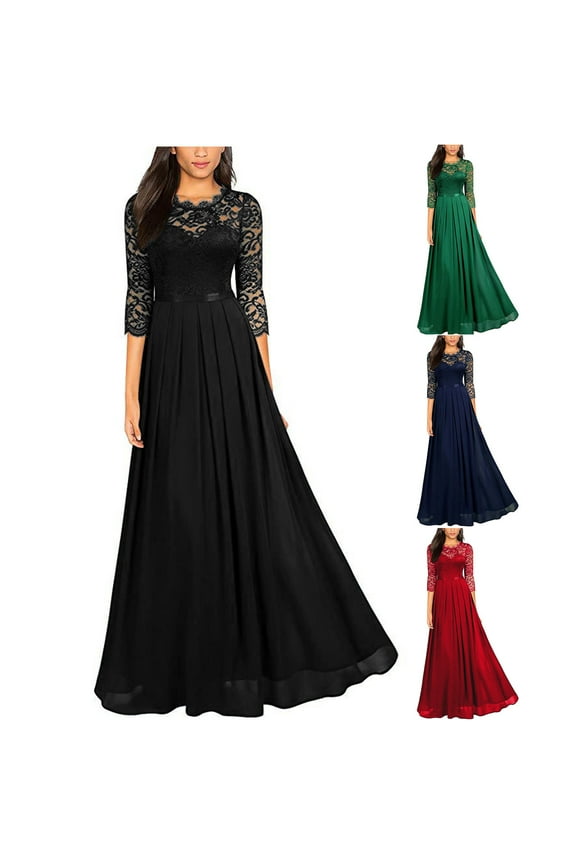 Maxi Dresses for Women Elegant Lace Half Sleeve Wedding Guest Dress Comfy Crewneck Empire Dress Solid Color Flowy Swing Gown Dress Green M