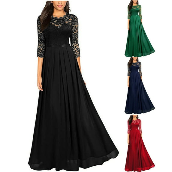 CFLVAEK Maxi Dresses for Women Elegant Lace Half Sleeve Wedding Guest Dress Comfy Crewneck Empire Dress Solid Color Flowy Swing Gown Dress Navy XL