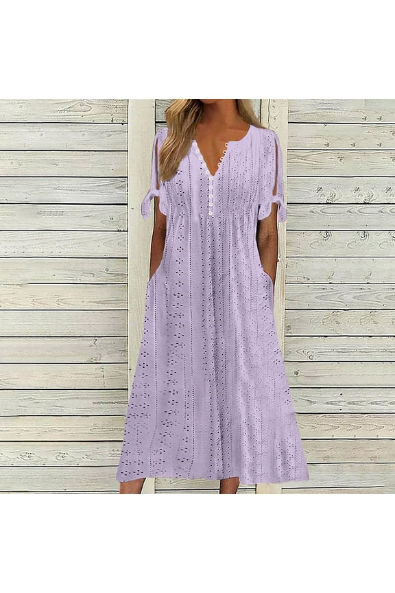 Maxi Long Dresses for Women Trendy Short Sleeve Eyelet Tshirt Dress Casual Summer Beach Vacation Sundress Solid Color V Neck A Line Dress Plus Size Purple XXXL