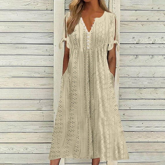 CFLVAEK Maxi Long Dresses for Women Trendy Short Sleeve Eyelet Tshirt Dress Casual Summer Beach Vacation Sundress Solid Color V Neck A Line Dress Plus Size Khaki XXL