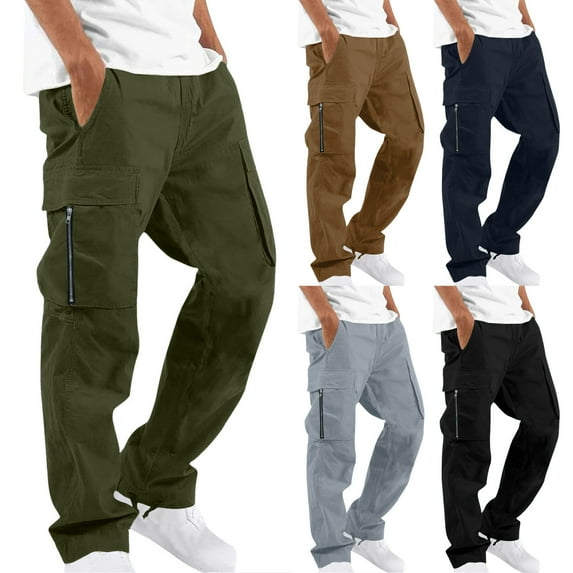 CFLVAEK Men's Cargo Pants with Stretch Solid Casual Elastic Waist Multiple Pockets Outdoor Straight Type Fitness Pants Cargo Pants Trousers Regular Fit Comfort Waist Pants Black M