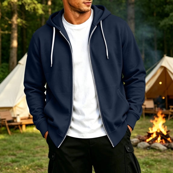 CFLVAEK Men's Full Zip Up Hoodies Big and Tall Long Sleeve Hoodie Jacket Solid Casual Fall Winter Hooded Sweatshirt with Pockets Navy XXXL
