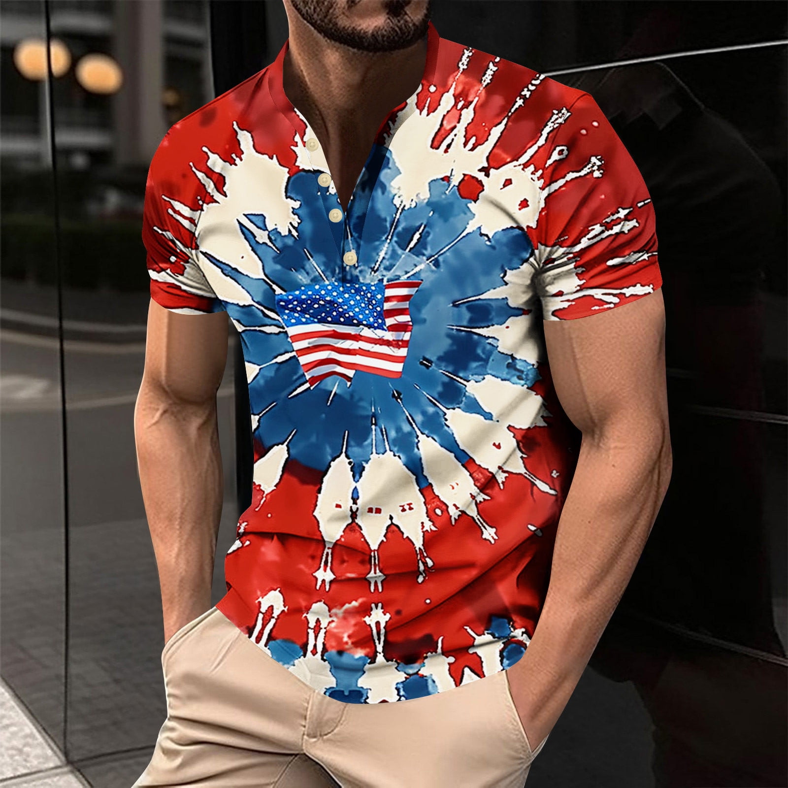 CFLVAEK Mens Big and Tall 4th of July Shirts Loose Henley Neck Short
